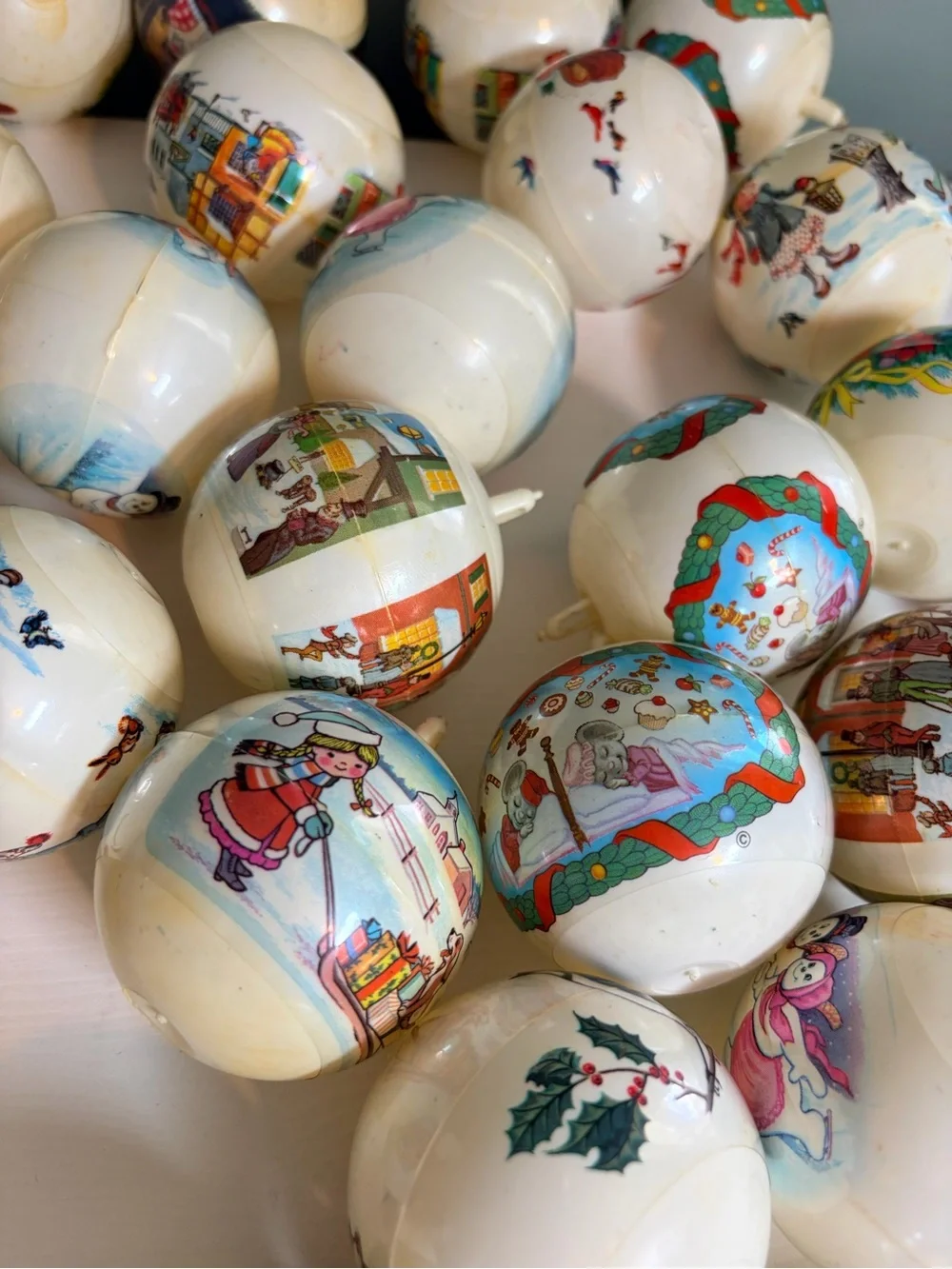 Lot Of 35 Wrapped Plastic Vintage Christmas Ornaments Victorian Scene Bells Mice